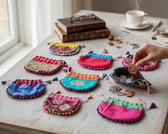 Handmade Nepali Gift Pouches: Colorful Boho Drawstring Bags - Set of 12