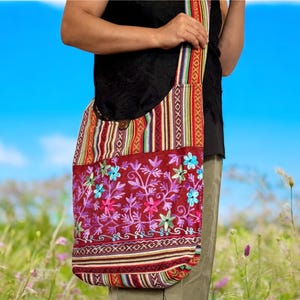 Bohemian Crossbody Bag, Floral Embroidered Design, Turquoise Tribal Pattern, Cotton Canvas