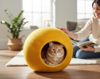 Handmade Felted Wool Cat Cave: Eco-Friendly Pet Bed, Nepal