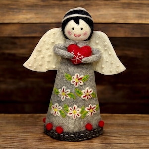 Christmas Tree Topper | Angel Ornaments | Felt Tree Topper | Festive Home Decor| Christmas Decoration| Gray Dress Floral Design | Red Heart