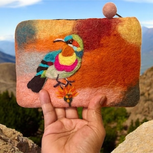 Handmade Felt Bird Purse – Vibrant Wool Zip Clutch – Needle-Felted Art Bag from Nepal – Eco-Friendly Gift for Her - Artisan Bag