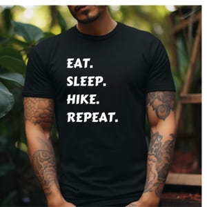 Eat Sleep Hike Repeat Funny Outdoors Unisex Softstyle T-Shirt, Camping Tee, Hiking Shirt, Nature Lover Gift