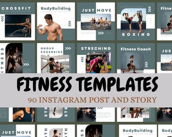 Paquete de plantillas de Instagram de fitness, plantillas de Canva para entrenadores personales, publicaciones en redes sociales para gimnasios, fitness y bienestar editables