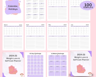 2024-25 Gewichtsverlies- en zelfzorgplanner, dagboek gezonde gewoonten, fitnesstracker, organisator maaltijdplanning, wellnesskalender