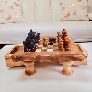 Olive Wood Chess – Hand-Carved Wooden Board with Built-In Storage – Perfect Gift for Chess Players & Collectors