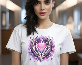 Gothic Witch Skeleton T-Shirt, Pink Heart Pentagram Magic Stars Galaxy Design, Mystic Pastel Purple, Gift Her Women Dark Valentine Halloween