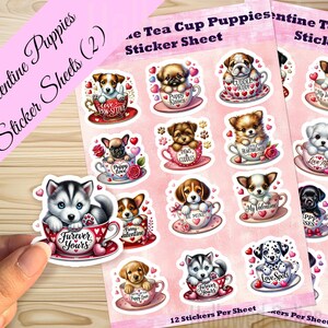 Valentijn theekop puppycollectie, schattige hond stickervel liefde harten decoratieve kunst, roze harten ontwerp romantiek vakantie thema huisdier 1 inch