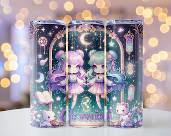 Magical Kawaii Gemini Twin Sisters Zodiac Celestial Stainless Steel Tumbler Mystical Moon Star Cat Book Birthday Gift Mom Sister Friend Wife
