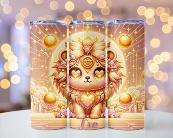 Magical Kawaii Leo Lion Zodiac Celestial Stainless Steel Tumbler, Mystical Sun Crystal Heart Moon Stars Birthday Gift Her Mom Sister Friend