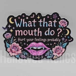 May include: A black sticker with the text "What that mouth do?" in blue and pink, and "Hurt your feelings probably" in white. The sticker features a pink vampire mouth, roses, stars, and bats.
