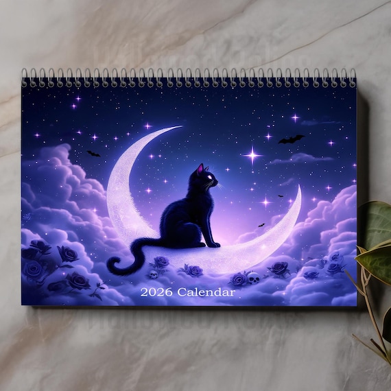 2026 Mystic Black Cat Calendar - Gothic Fantasy Art with Moonlit Scenes, Enchanted Libraries, and Rose Gardens - Dark Aesthetic Wall Decor
