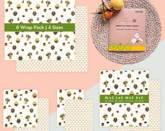 8 emballages en cire d'abeille biologique | Fait main | Conservation des aliments écologique et réutilisable | Alternative de cuisine sans plastique | Lot de 8