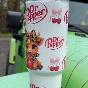 Dr Pepper Tumbler, 40oz Tumbler, Coquette Design, Christmas Gift, 40oz Stainless Steel, Tumbler with Handle, Soda Design, Perfect Gift image 2