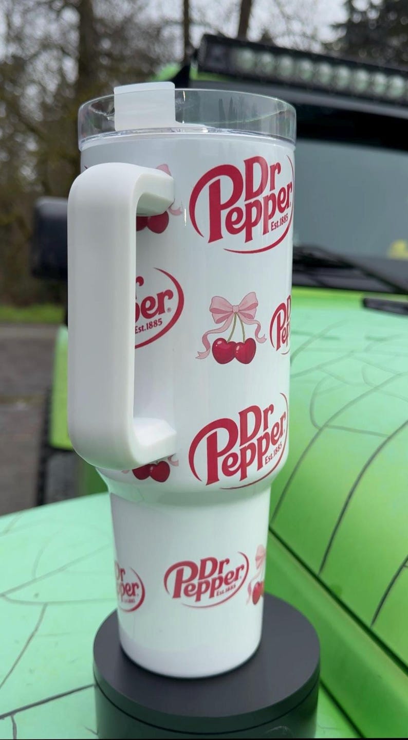 Dr Pepper Tumbler, 40oz Tumbler, Coquette Design, Christmas Gift, 40oz Stainless Steel, Tumbler with Handle, Soda Design, Perfect Gift image 4