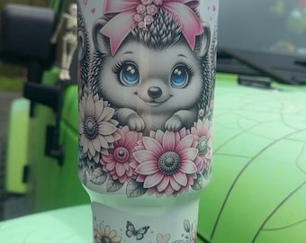 Hedgehog Flower Tumbler, 40oz Tumbler, Floral Design, Christmas Gift, 40oz Stainless Steel, Tumbler with Handle, Holographic shimmer