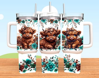 Highland Cow Tumbler, 40oz Tumbler, Teal Design, Christmas Gift, 40oz Stainless Steel, Tumbler with Handle, Scottish Higland Cows