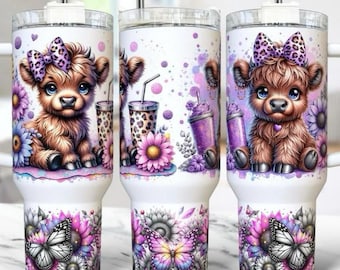 Highland Cow Tumbler, 40oz Tumbler, Purple Design, Christmas Gift, 40oz Stainless Steel, Tumbler with Handle, Scottish Highland Cows
