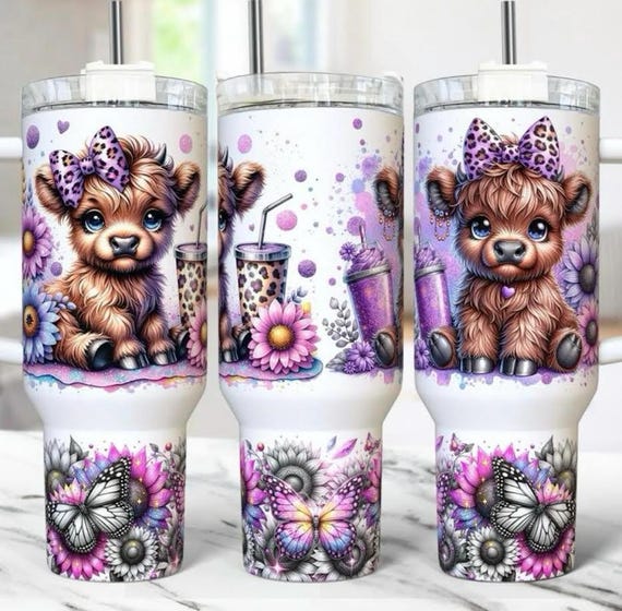Highland Cow Tumbler, 40oz Tumbler, Purple Design, Christmas Gift, 40oz Stainless Steel, Tumbler with Handle, Scottish Highland Cows