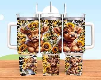 Highland Cow Tumbler, 40oz Tumbler, Sunflower Design, Christmas Gift, 40oz Stainless Steel, Tumbler with Handle, Scottish Higland Cows