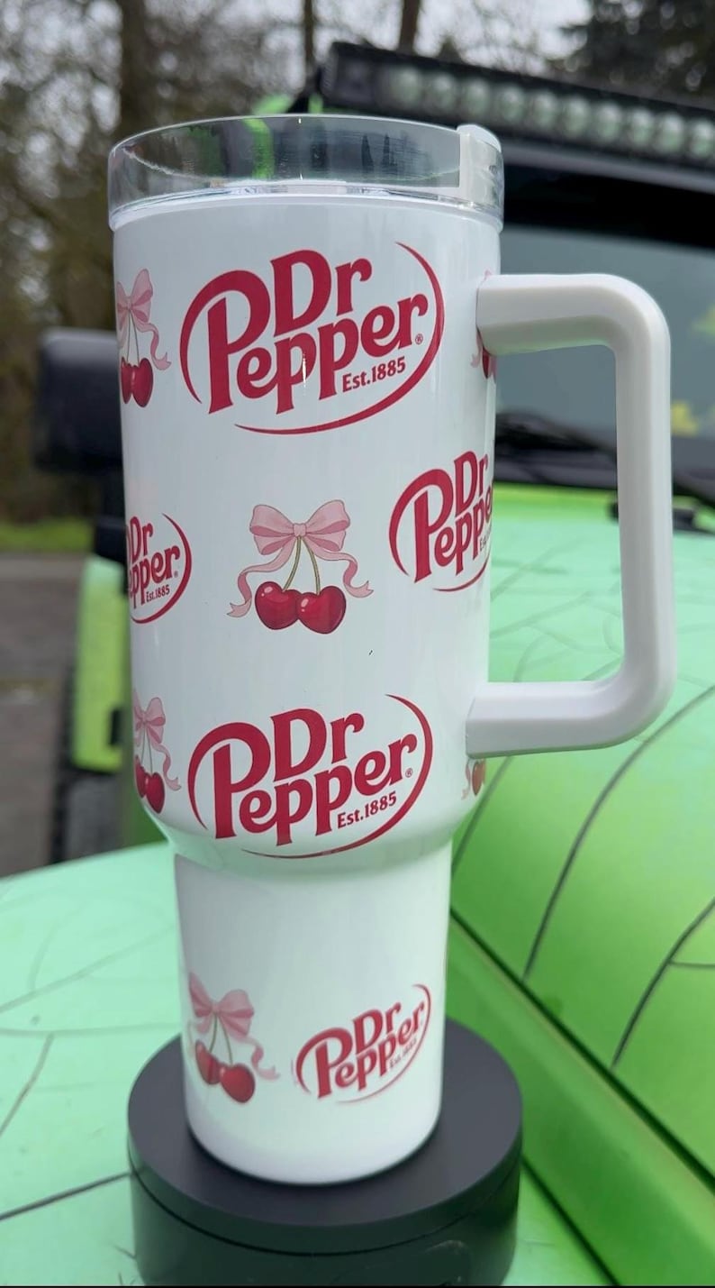 Dr Pepper Tumbler, 40oz Tumbler, Coquette Design, Christmas Gift, 40oz Stainless Steel, Tumbler with Handle, Soda Design, Perfect Gift image 5