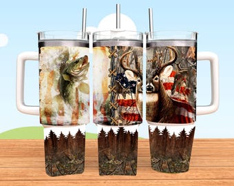 Fish and Deer Tumbler, 40oz Tumbler, Hunting Design, Christmas Gift, Fishing, Hunter Gift, 40oz Stainless Steel, Tumbler With Handle