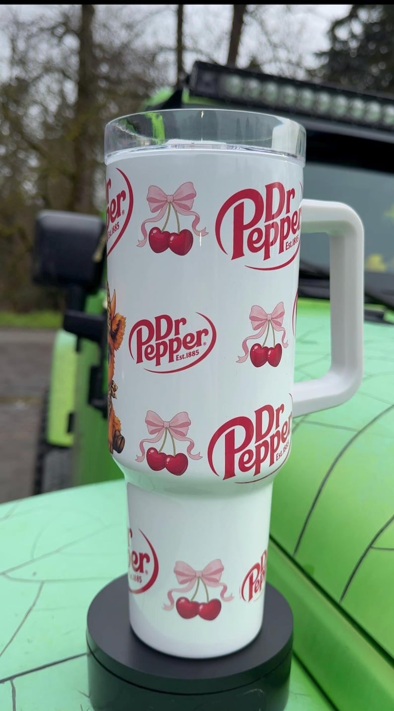 Dr Pepper Tumbler, 40oz Tumbler, Coquette Design, Christmas Gift, 40oz Stainless Steel, Tumbler with Handle, Soda Design, Perfect Gift image 3