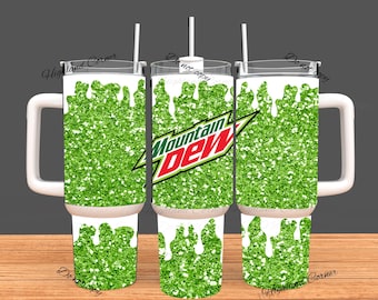 Mountain Dew Tumbler, 40oz Tumbler, Paint Drip Design, Christmas Gift, 40oz Stainless Steel, Tumbler with Handle, Glitter Design, Gift