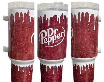 Dr Pepper Tumbler, 40oz Tumbler, Paint Drip Design, Christmas Gift, 40oz Stainless Steel, Tumbler with Handle, Glitter Design, Perfect Gift