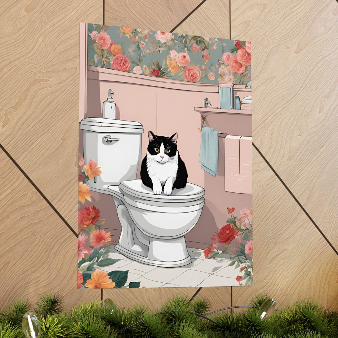 Cat Bathroom Art Matte Vertical Poster, Funny Animal Wall Decor Print ...