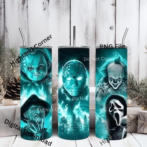 Envoltura para vaso delgado de película de terror de 20 oz, vaso PNG, PNG de Halloween, envoltura sin costuras, descarga instantánea, vaso de Halloween de amigos asesinos aterradores