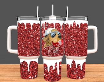 Dr Pepper Tumbler, 40oz Tumbler, Paint Drip Design, Christmas Gift, 40oz Stainless Steel, Tumbler with Handle, Glitter Design, Perfect Gift