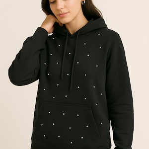 Black Hoodie with Czech Crystals – Handmade Sparkling Streetwear – Size M