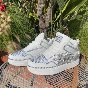 Luxury White Crystal High Top Sneakers — Hand Embellished Rhinestone Bling Shoes