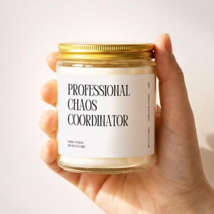 May include: A clear glass candle jar with a gold metal lid containing white wax. The white label features black text that reads PROFESSIONAL CHAOS COORDINATOR, along with smaller text indicating rose and patchouli scent and soy wax.