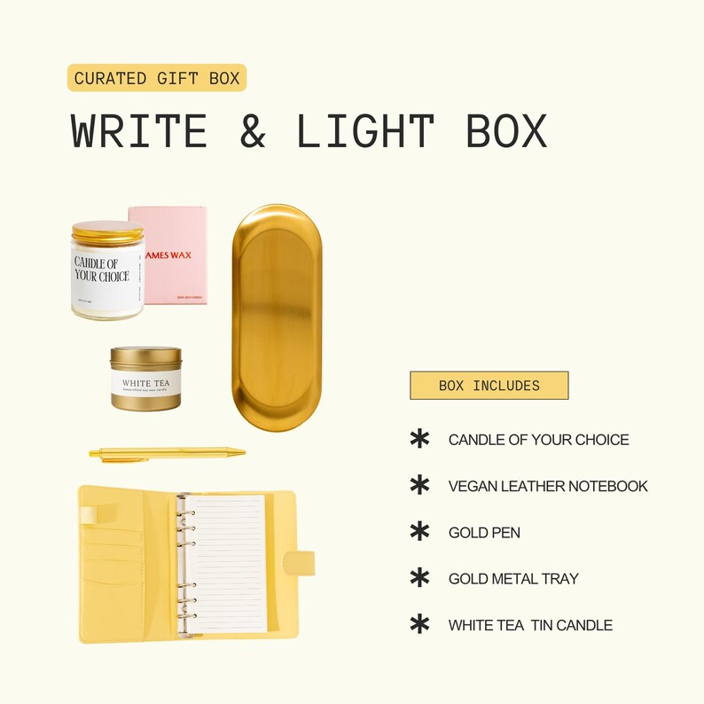 a curated gift box containing various items such as a candle, a notebook, a pen, a tin candle, and a gold pen.