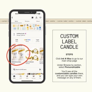 The image is a smartphone displaying a candle shop interface, with a focus on a candle labeled "Personalizable" and a step-by-step guide on how to customize candles.