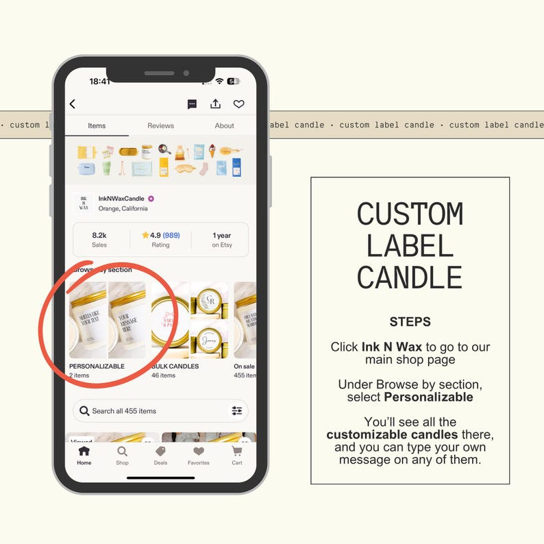 The image is a smartphone displaying a candle shop interface, with a focus on a candle labeled "Personalizable" and a step-by-step guide on how to customize candles.