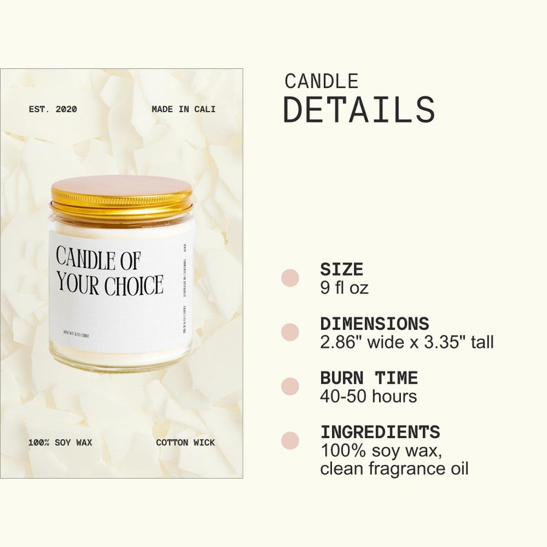 The image is a promotional poster for a candle, featuring a close-up of the candle's label and details about its size, dimensions, burn time, and ingredients.
