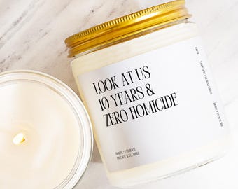 Holiday 10 Year Wedding Anniversary Gift Box Zero Homicide Candle Custom Present Marriage Tenth Decade Couple Humor Modern Minimalist K5110