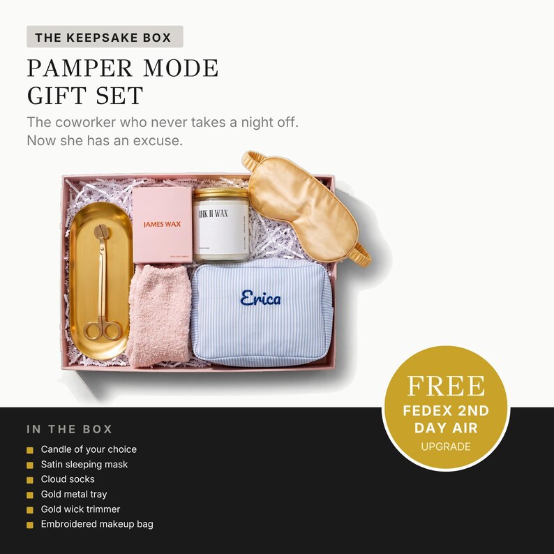 The image is an advertisement for a gift set called "The Keepsake Box" that includes a pamper mode gift set for a coworker who never takes a night off. The gift set includes a sleeping mask, cotton socks, a gold metal tray, a gold wire tray, and an embroidered makeup bag.