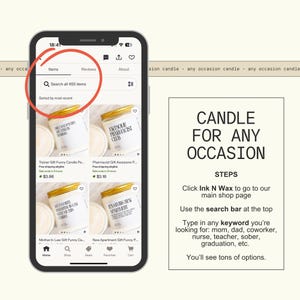 a smartphone screen showing a candle search page for an "Any Occasion Candle" from the "Pharmacist Gifted" brand. The search bar is highlighted, and the search results are displayed on the screen.