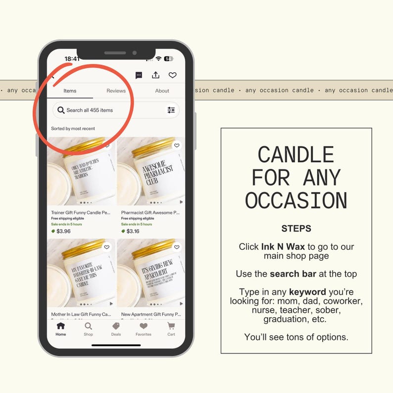 a smartphone screen showing a candle search page for an "Any Occasion Candle" from the "Pharmacist Gifted" brand. The search bar is highlighted, and the search results are displayed on the screen.