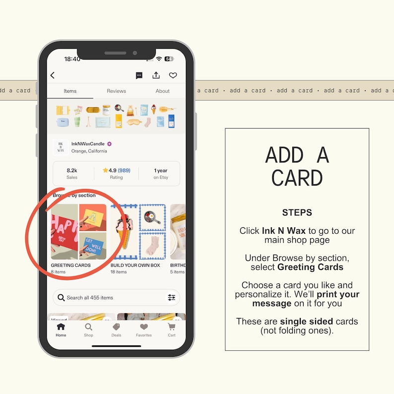 a smartphone displaying a card-making app interface, with a red circle highlighting a greeting card. The app interface includes various options for creating and customizing greeting cards, as well as a search bar for finding more cards.