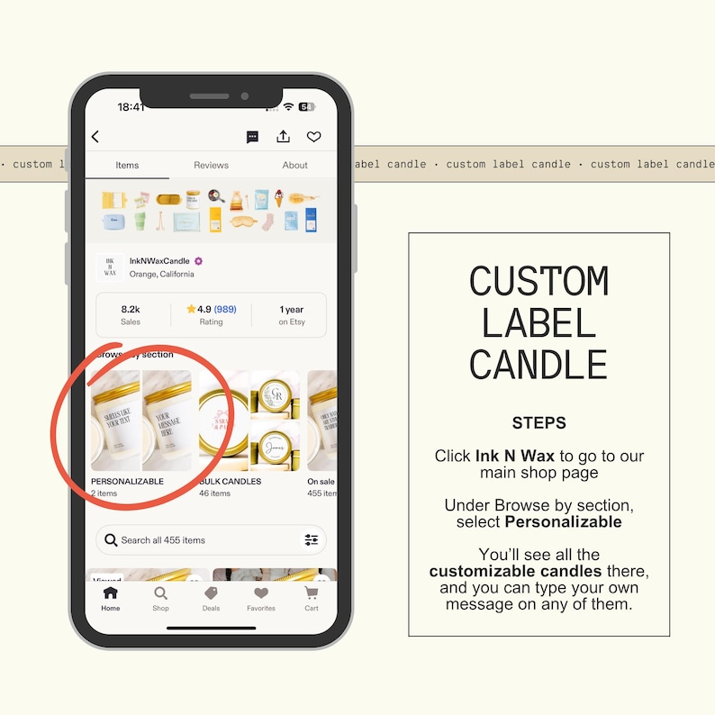 The image is a smartphone displaying a candle shop interface, with a focus on a candle labeled "Personalizable" and a step-by-step guide on how to customize candles.