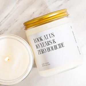 Holiday 10 Year Wedding Anniversary Gift Box Zero Homicide Candle Custom Present Marriage Tenth Decade Couple Humor Modern Minimalist K5110