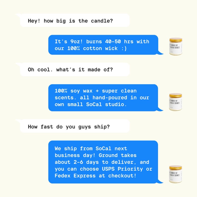 three blue speech bubbles with text, each containing a question about a candle. The first question asks about the size of the candle, the second question asks about the burn time, and the third question asks about the scent and shipping options.