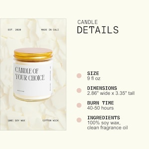 The image is a promotional poster for a candle, featuring a close-up of the candle's label and details about its size, dimensions, burn time, and ingredients.