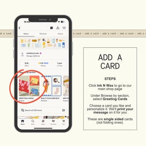 a smartphone displaying a card-making app interface, with a red circle highlighting a greeting card. The app interface includes various options for creating and customizing greeting cards, as well as a search bar for finding more cards.