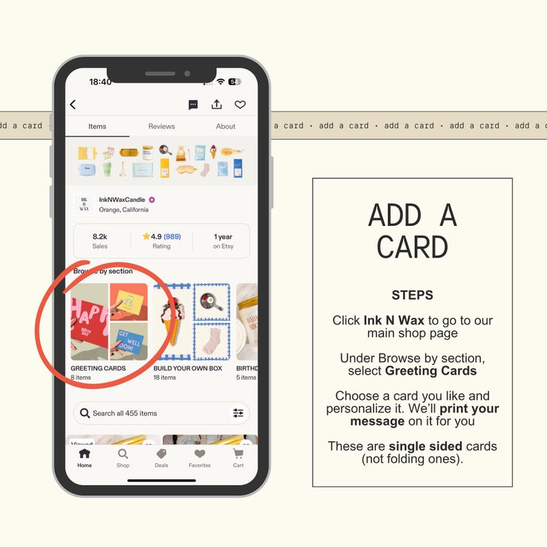 a smartphone displaying a card-making app interface, with a red circle highlighting a greeting card. The app interface includes various options for creating and customizing greeting cards, as well as a search bar for finding more cards.