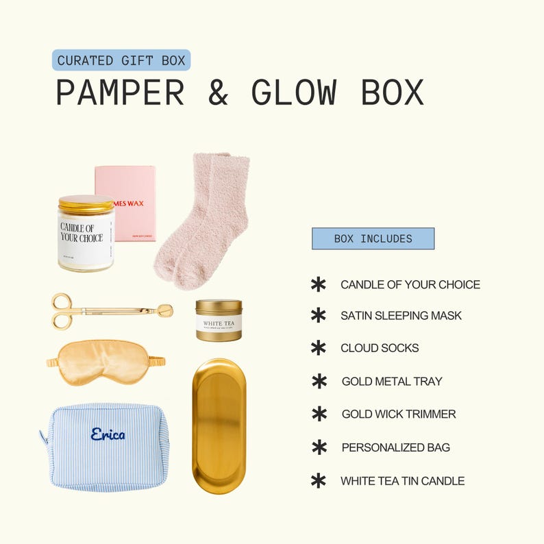 The image is a curated gift box containing various beauty and personal care items, including a candle, a satin sleeping mask, a pair of gold socks, a gold metal tray, a gold wick trimmer, a personalized bag, and a white tea tin candle.